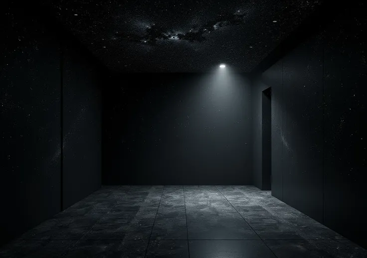 A black cube room with nothing, Mysterious, A black wall of constellations and stars, Can't see the outside, The same design as the ceiling, wall, and floor, Same as all walls ,  No People , no lighting, No light 