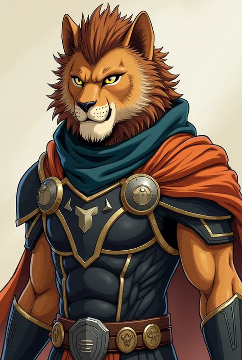  You could create a character similar to Kion  (Lion)el de la serie la guardia de Lion de el rey Lion.  But that he is wearing a futuristic armor ,  and who has brown hair or hair , and light brown color  , with two scars on his left eye .   And what is ar...