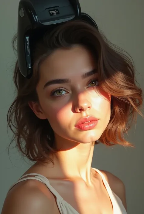 arafed woman with a hair dryer on her head and a light shining on her face, a photorealistic painting inspired by Ilya Kuvshinov, trending on cg society, hyperrealism, realistic cute girl painting, hyperrealistic beautiful face, pokimane, photorealistic be...