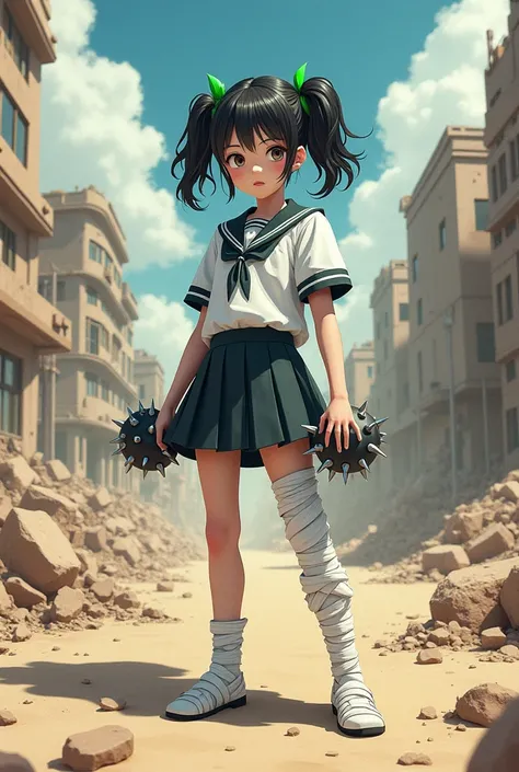 Girl in black Japanese schoolgirl costume with pigtails with green lines in her hair ,  bandage on both arms and legs , Spiked balls like weapons , background with apocalyptic desert city 