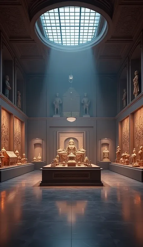 Museum with several historical and legendary relics impressive masterpiece 3d anime style hyper realistic lighting impressive minimalist decoration 