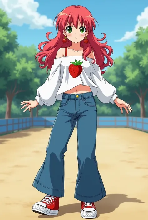 Create an OC of "Ranma 1/2" In the anime line,  she has neutral raspberry-pink salmon hair, Eyes as green as lemon, cherry earrings, white blouse that leaves the shoulders and some of the belly showing the strawberry print, wide denim pants, all star rosa ...