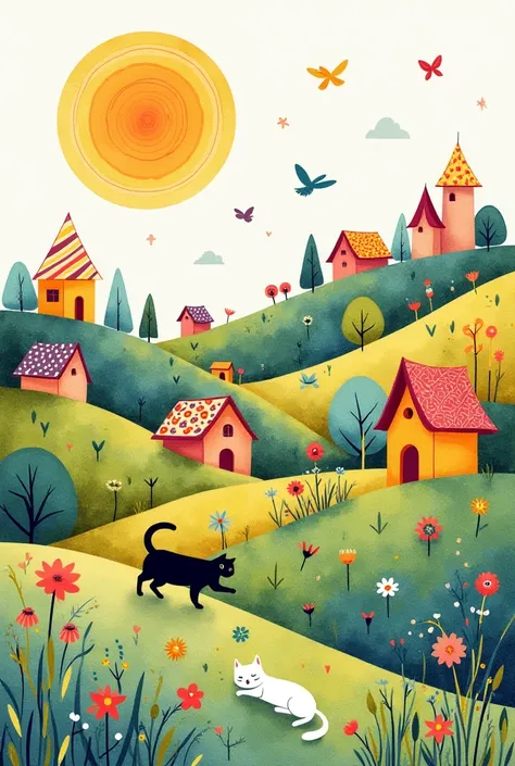 English:
"A whimsical watercolor illustration of a magical countryside landscape. The scene features colorful, patterned houses with whimsical roofs, rolling hills filled with abstract trees, flowers, and plants in vibrant hues. A large glowing sun with co...