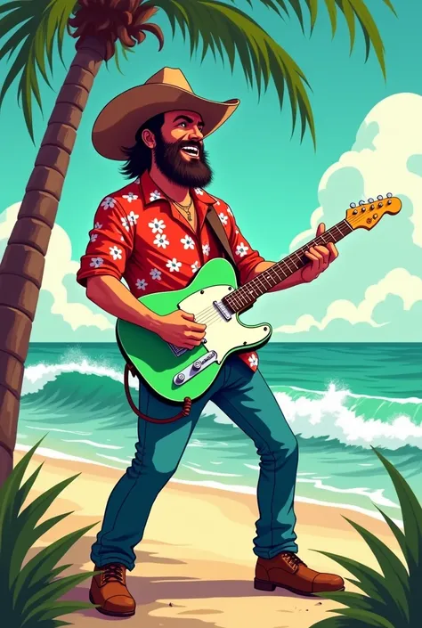  A cowboy with a Dejano hat and a red and white Hawaiian shirt ,  stands up and plays a surf green telecaster guitar very cheerfully on a palm-lined beach. Comic and colorful style .