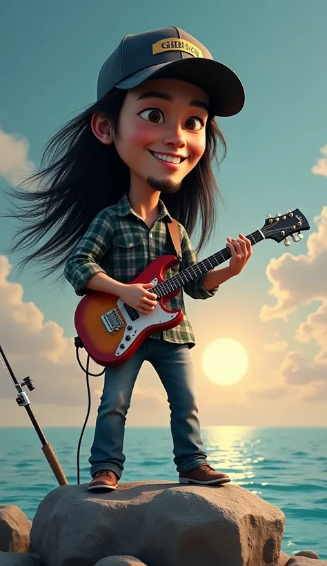 3D caricature. Big head but . High quality render. Best work. Realistic render of Asian man with long hair. Hair looks like he's moving. Wearing a baseball cap. Wearing a plaid shirt. Realistic portrait. Standing playing a GIBSON guitar. Reference to Slash...