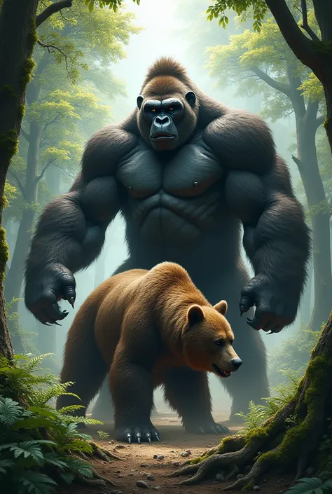  Make me a gorilla and a bear fight in the forest, and a bear lying defeated by a gorilla , fullbody,  realistic , 4K