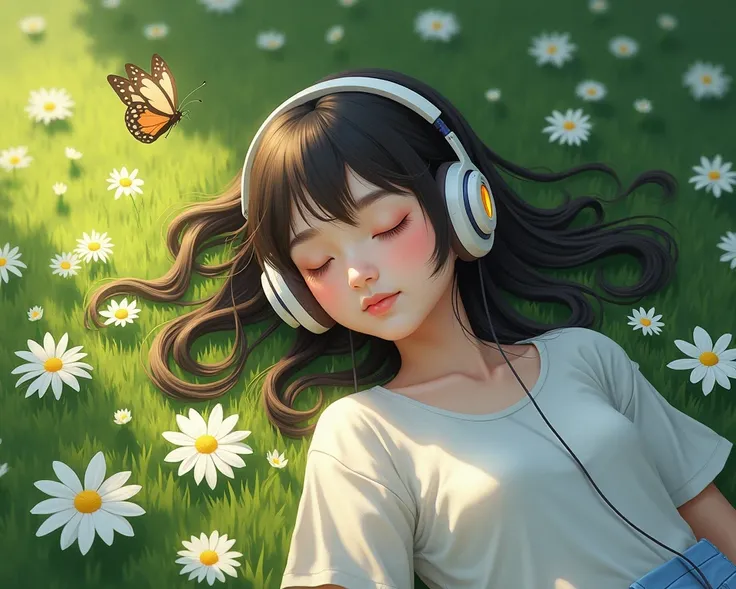 image of a girl lying on a very green lawn with surrounding white flowers and a butterfly, The girl is very relaxed and with headphones