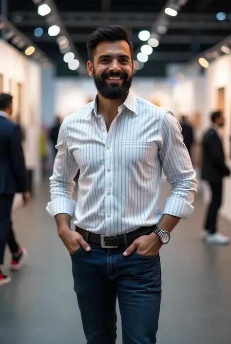 Latino man with a beard , cuerpo normal, 1.80 meters tall and with a normal body, Wear a formal white shirt with thin horizontal and vertical black stripes forming small squares, wearing dark blue jeans and white sneakers with red lacing,  is in an exhibit...