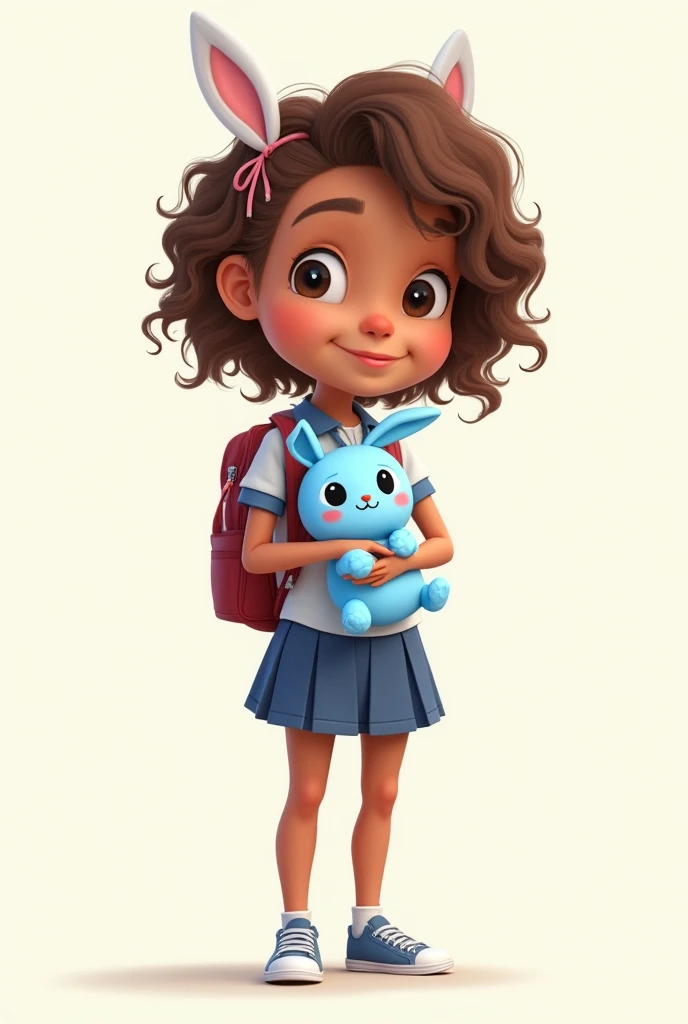   approximately  with curly light brown hair in the middle of her back light brown skin,  dressed in school uniform, backpack on the back with ties in her hair , Smiling woman with sneakers on her feet and a blue plush bunny in her hands create a cartoon s...