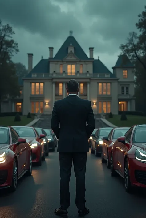 A billionaire person alone seeing that he achieved everything and his mega-mansion and luxury cars but with only a suit wearing a suit and the dark and sad sky 