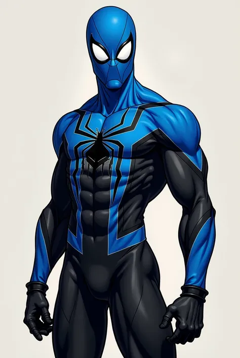 - Blue and black body
- Horizontal black stripes on the chest
- White eyes with black pupils
- Costumes with a spider symbol on the back
- Black gloves and boots

Spider-Man 