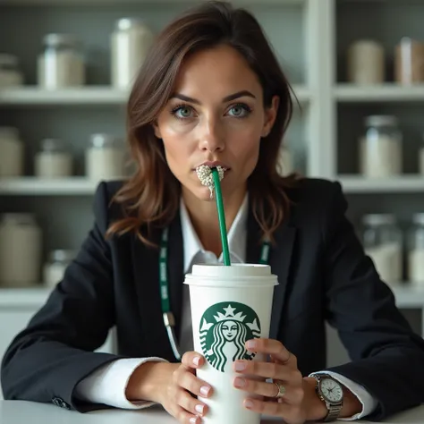 Beautiful and sexy woman, American, shy, 35 years old, with a badge with her photo hanging around her neck, Wearing formal clothes, several jars of sperm on the shelves in the room, Drinking through a straw from a Starbucks cup, She is the receptionist at ...