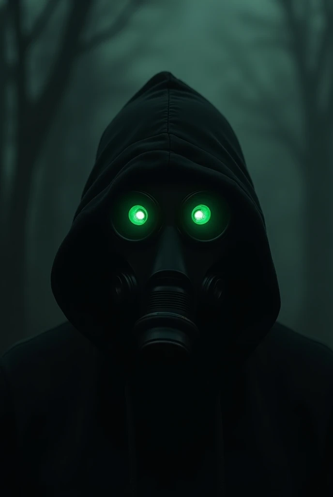 An image where you can only see the head of a person wearing a hood and a black gas mask looking straight ahead the image has to be dark and gloomy, the person's face is not visible, but this person's eyes will be shining slightly green, gently illuminatin...