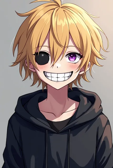 Abnormal smiley blond short hair anime character, male gender, full body screen, wallpaper, extremely wide smile , With a mocking face ( mockery facial expression), a black eye and another one-eyed eye (no left eye ), purple right eye, street style, skater...