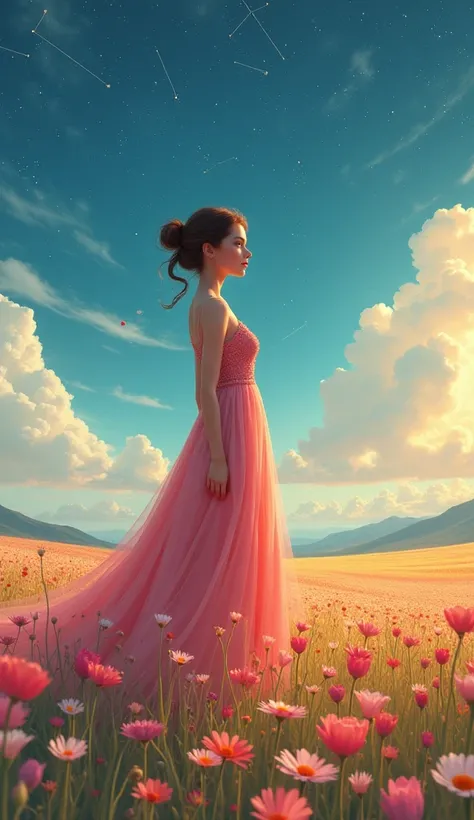  a perfect and very detailed woman wearing elegant clothes standing on a flat flower field and in the background a beautiful landscape with an ultra detailed sky with constellations,  highly detailed digital painting,  digital cartoon painting ,  cute and ...