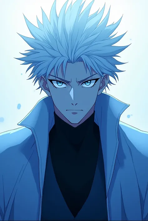 gojo satoru from jujutsu kaisen drawing with only the shade of color blue for the artwork no other colors, with a calm unique divine pose showcasing his eyes (male white hair)