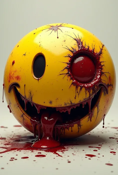 Yellow smiley face emoji,  with traces of blows , rayones,  bruises and a red eye.  Traces of having fought .  bloody mouth .  Realistic Art.