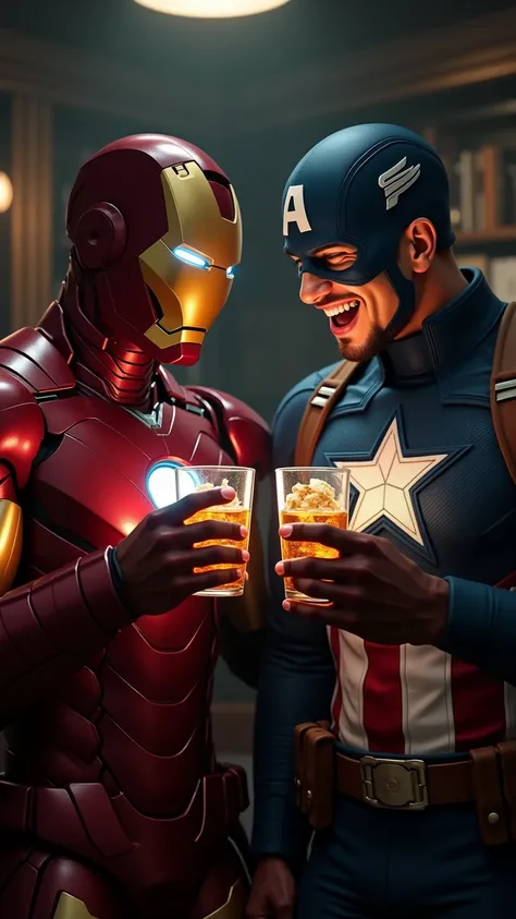 Create Iron Man and Captain America with a glass of whiskey in their hand drunk and laughing