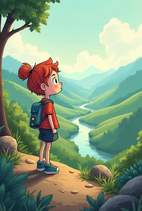 A cartoon sketch character looking at a distant landscape 