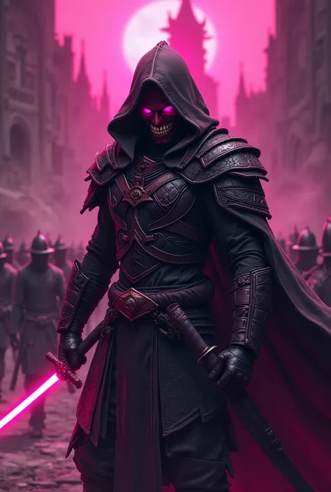 Evil duelist with magenta coloring and a katana. Add a under world back ground and a small army in the back ground. Put an evil magenta grin on the character and a dark fantasy castle in the top middle. Add magenta details on the armor. Add a hood and a ma...