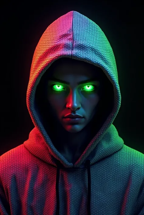 An image made in pixels of a person wearing an RGB hood who has bright green eyes with a completely black background 