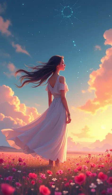  a perfect and very detailed woman wearing elegant clothes standing on a flat flower field and in the background a beautiful landscape with an ultra detailed sky with constellations,  highly detailed digital painting,  digital cartoon painting ,  cute and ...