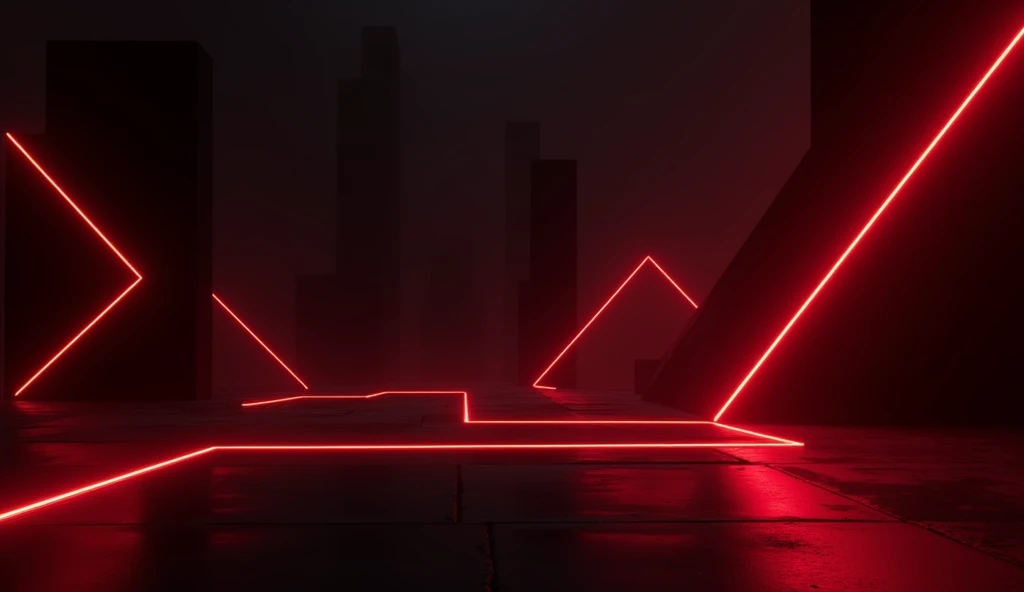 A dark and mysterious setting with a minimalist, futuristic vibe. The backdrop is a pitch-black environment, with glowing red neon lines tracing geometric patterns along the walls and floor, creating a subtle, eerie glow. The ground is reflective, amplifyi...