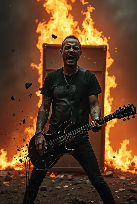 Chester Bennington crashing a guitar with a speaker set on fire 