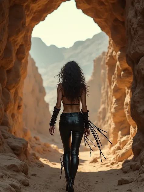  Panorama of a rocky passage in the middle of a desert, with remains of an ancient city .   beautiful woman ,  pale skin , blush.  Walking very sexy in an openwork leather suit .  long hair, curly and messy. Gothic art. Background a portal of light 