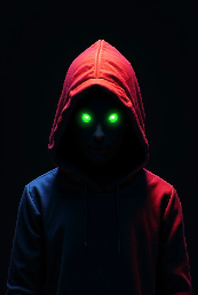 An image made in pixels of a person with an RGB hood who has bright green eyes with a completely black background the image has to be pixel art