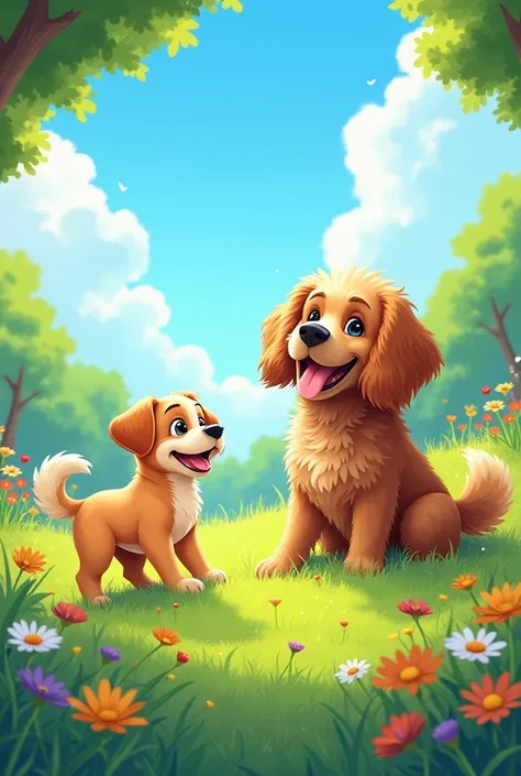 Generate a colorful illustration of two adorable dogs, one small and fluffy, the other big and goofy, playing with a happy, curly-haired  in a lush green meadow filled with vibrant flowers and towering trees under a bright blue sky with puffy white clouds