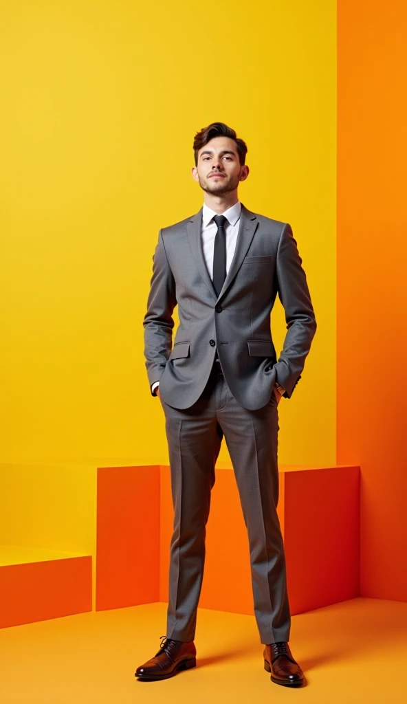 A young man in a fitted gray suit stands confidently against a bright, geometric background featuring yellow and orange elements. The text above him reads Responsive Design & Redesign, accompanied by