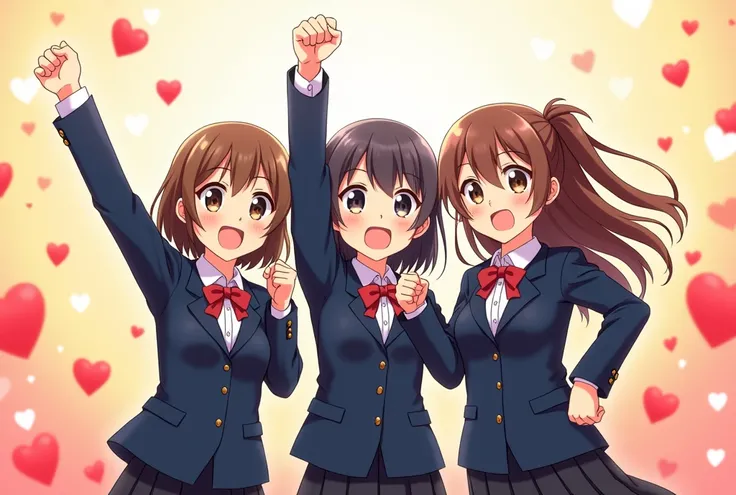 ( Three cute girls in school uniforms are fist-posing, There are lots of yellow, dark blue, and white and red hearts in the background ,  anime style,  Ultra Fine, (The letters LOVE MINISTOP are written in the background :1.5), MINISTOP capital blue letter...