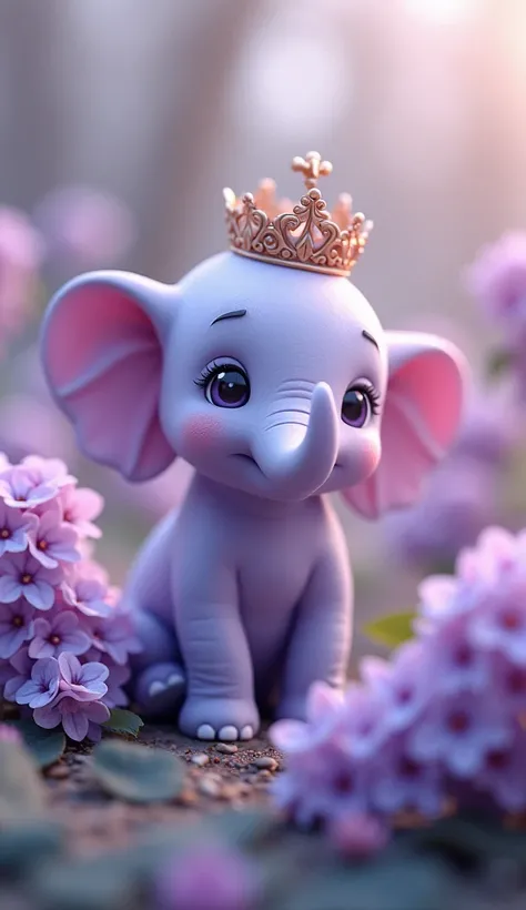 A miniature of a light purple elephant with lilacs wearing a crown.