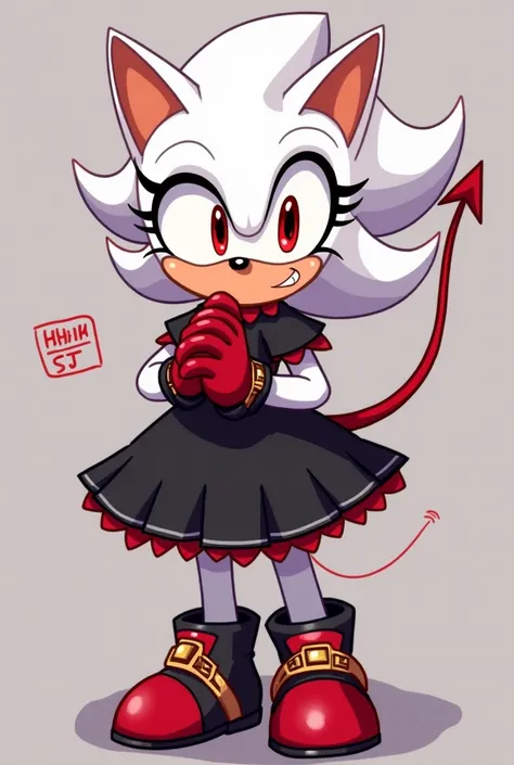 Make me an image of a Sonic Oc ,  which is a white hedgehog , with red eyes,  big eyelashes , a black dress with short red and black sleeves and a gold belt, red gloves, With demon horns and succubo-like demon tail,  THAT LOOK ELEGANT ,black and red shoes,...