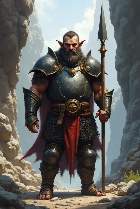 Adult male halfling warrior, wearing chainmail, armed with a spear, rocky background