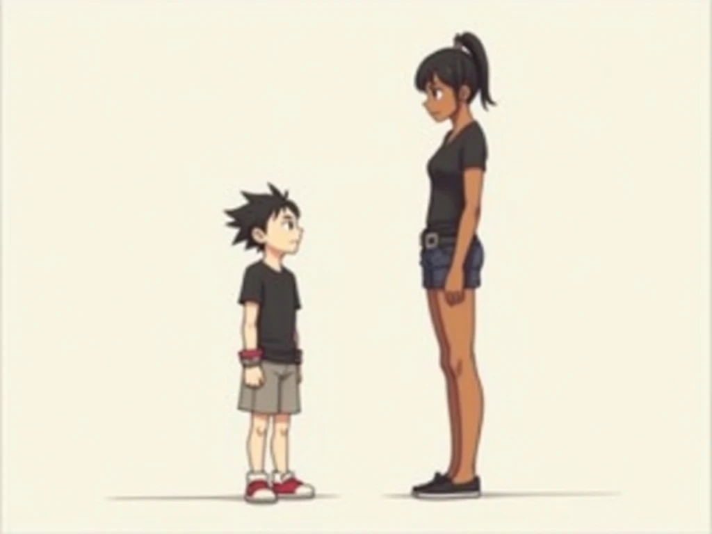 Tall brown girl accompanied by a short emo boy with barbed wristbands In simple anime style and character design sketches.