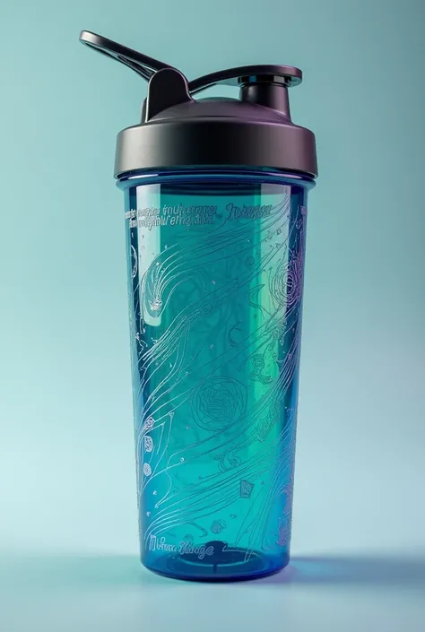 An image of a colored plastic gym hydration shaker, with alien engravings 