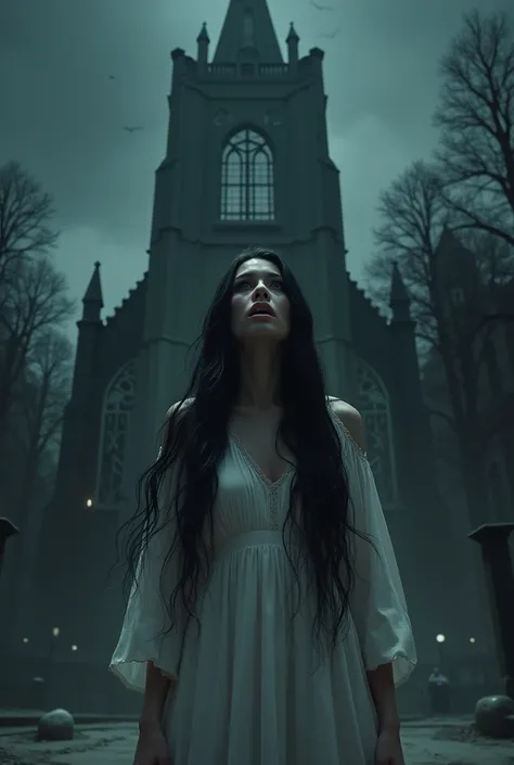  A black-haired woman, Tall dressed in white, with an expression of fear and terror in front of a church at night 