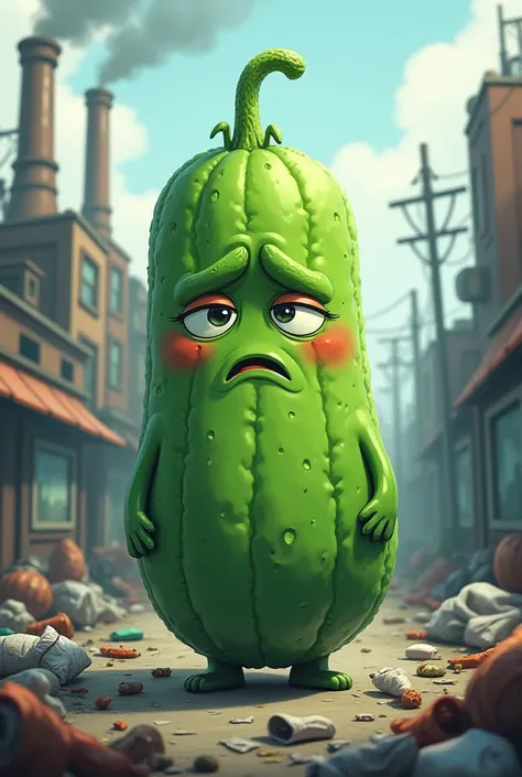 Cucumber saddened by pollution in cartoon style 