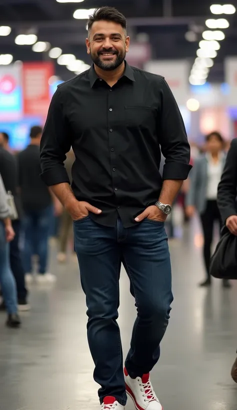 Latin man, cuerpo normal, 1.80 meters high and sturdy body, Wear formal black long sleeve shirt, shirt tucked into pants , wearing dark blue jeans and white sneakers with red lacing, It is in a booth at an Expo, full body image, Blurred the back of it,  th...