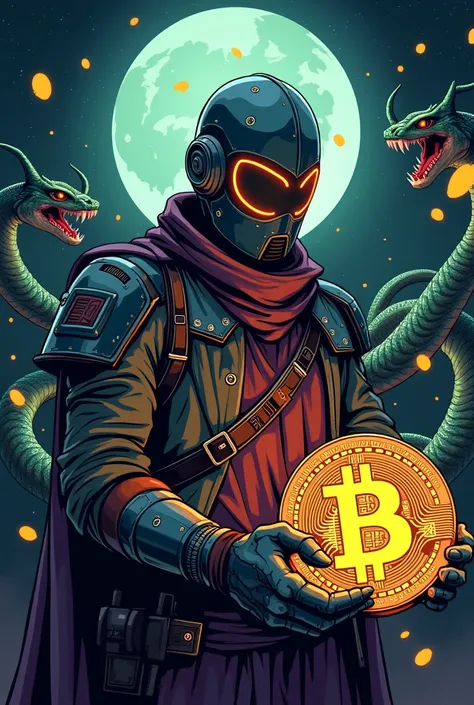 a cartoon of a man in a helmet holding a bit coin, a digital rendering by Elias Ravanetti, pixabay, pixel art, crypto, plutocracy, bitcoin, cryptocurrency, cryptopunk with pit vipers, crypto valut, giant crypto vault, typical cryptocurrency nerd, cryptobla...