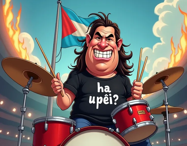 A cartooned bully chubby rocker lad with long hair and pronounced frown smiling with big teeth and bulging gums sit on a fully drumset with drumsticks on hands with a black shirt saying "Ha Upéi ?" with a stadium background with a mast with top flag colore...