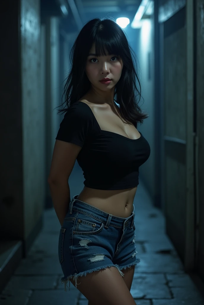 asian, real photo, A captivating Japanese girl, beautiful cute, High-quality Realistic, arms behind back, big boobs 1.5, High-quality Realistic, 38DDD sized, arms behind back, night, long blunt bangs, dark, blue cutoff jeans, Woman, (emo, gothic, dark), da...