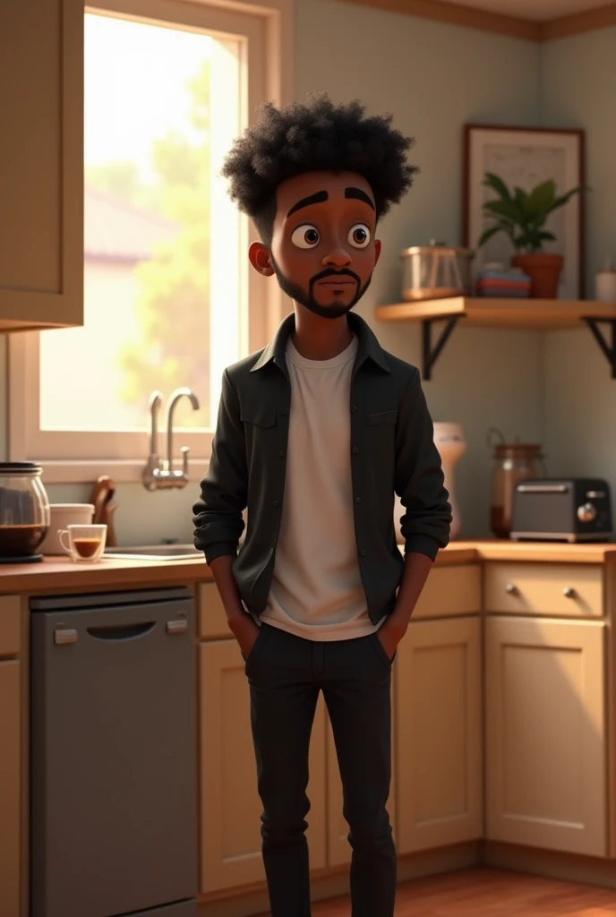 Create a Disney/Pixar-style animated scene featuring a young Black man with a small, rounded afro, a neatly groomed mustache, and a short beard (barbichette). He is of modest height, wearing a fitted black jacket over a plain white T-shirt, paired with bla...