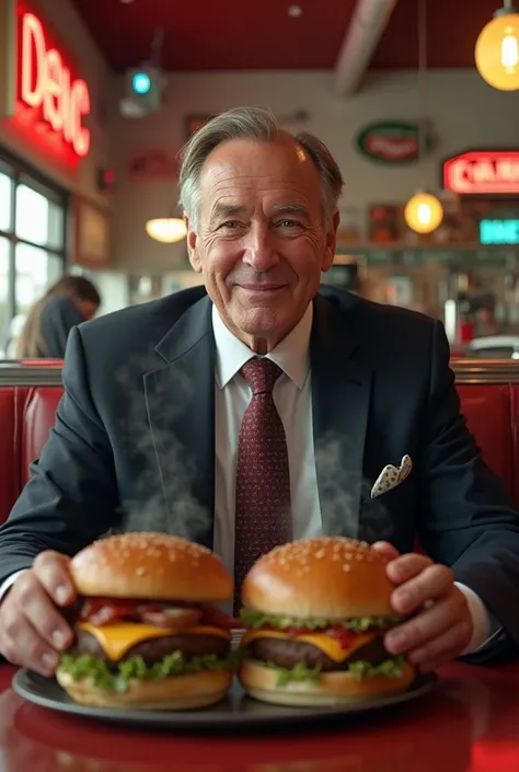 A man in a suit eating hamburgers inside the diner