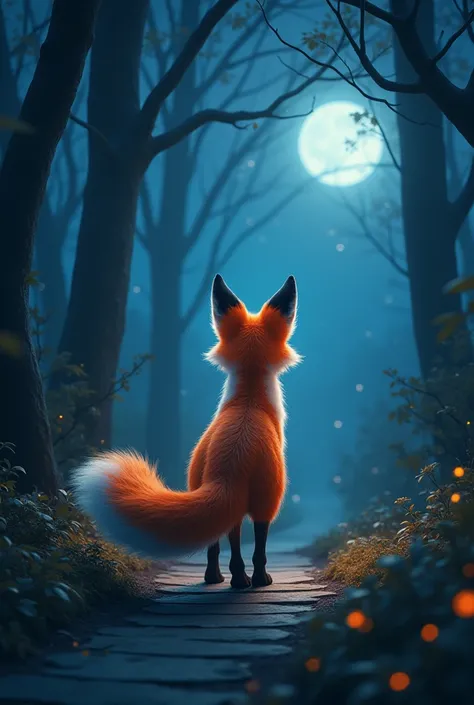 Renard a deux queues orange et bleu dans la forêt sur un chemin de nuit
