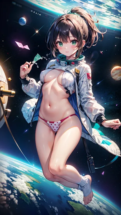 Masterpiece, high resolution, best quality ,8k ( female 1 person,Emerald green ponytail, slender body,) (Space Suit,Polka dot panties)、Spacewalk、Mars、  Floating in the Air  、no gravity、 feet 、 have white liquid on their chest 、 white liquid drips from thei...