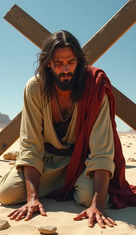 "An 8K ultra-realistic illustration of a solemn man resembling biblical Jesus, kneeling on the ground with a large wooden cross resting heavily on his back. His hands are firmly on the ground for support, and his face is turned directly toward the center o...