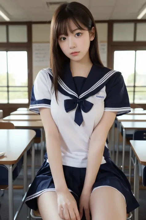  1 girl,  short sleeve sailor suit、Big Breasts, classroom, study,  sitting at a desk ,  sad expression ,  ice cream 